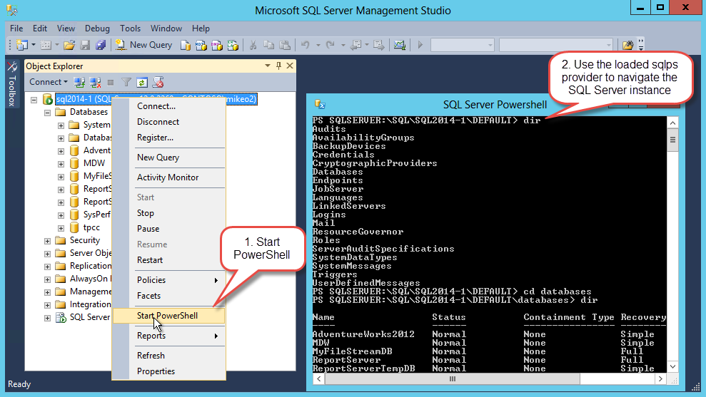 Figure 2 – Launching PowerShell from SQL Server Management Studio.